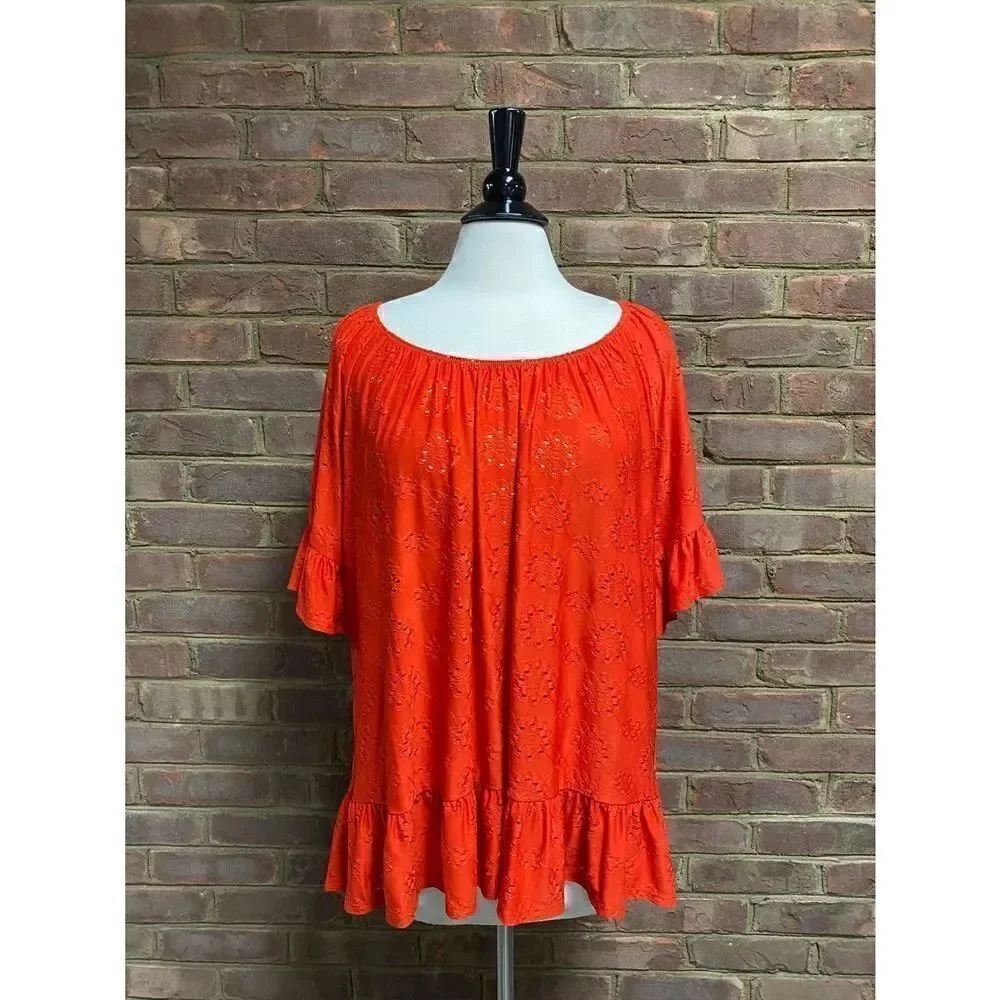 Per Seption Red Ruffle Sleeve Eyelet Top Size 2X NWOT